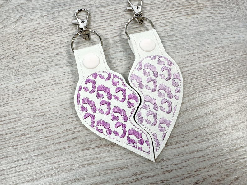 Leopard print Split Heart Eyelet and Key Fob Snap Tab keychain in the hoop machine embroidery designs ITH Valentines Day friends bag tag By Fonts Heaven Embroidery Format PES HUS DST JEF VIP VP3 XXX EXP instant download