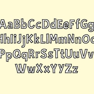 以下が含まれることがあります： 太い輪郭のある白黒のアルファベット文字。文字は大文字と小文字です。