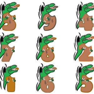 T-rex Birthday numbers SET 1-9, bitten numbers Trex dinosaur dino coming out from hole, machine embroidery applique designs assorted sizes