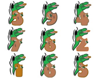 May include: Nine colorful illustrations of dinosaurs eating numbers. Each dinosaur is green with a brown number in its mouth. The numbers are 1, 2, 3, 4, 5, 6, 7, 8, and 9.