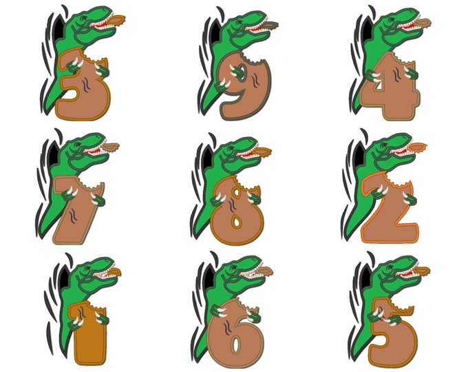 T-rex Birthday numbers SET 1-9, bitten numbers Trex dinosaur dino coming out from hole, machine embroidery applique designs assorted sizes