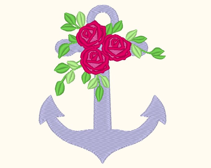 Anchor with roses Machine Embroidery Designs, awesome nautical marine anchor embellished with flowers at the top sizes for hoop 4x4, 5x7