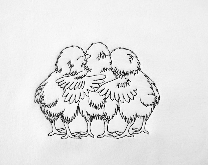 Cute Chick Trio three Chicks in a row adorable Chicken kids friends silhouette outline baby machine embroidery designs sizes 4 up to 9 inch