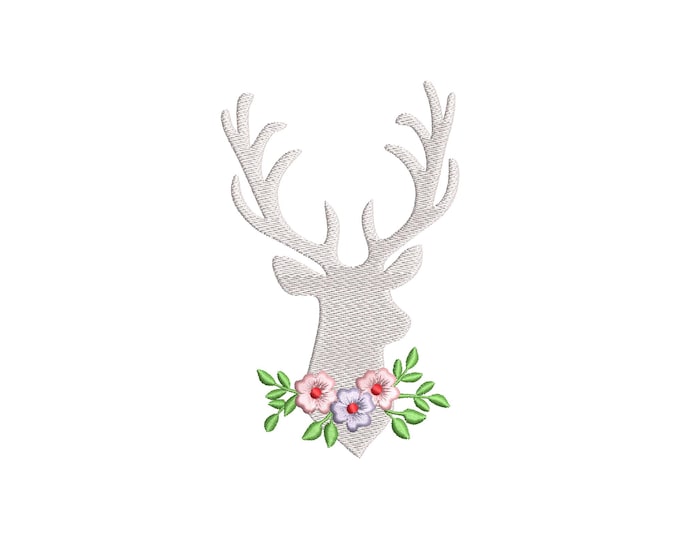Buck Deer floral silhouette flowered floral bouquet fill stitch Deer Antlers machine embroidery designs many sizes 2.5 up to 7 inch