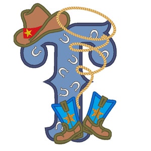 Botas y sombrero de vaquero, granjero, rodeo, lazo, apliques de letra T con motivo de pañuelo, diseños de bordado a máquina para bastidor de 5x7