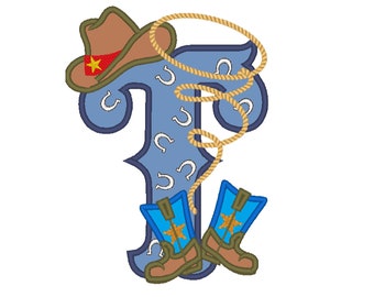 Farm farmer Cowboy rodeo lasso boots and hat applique letter with bandanna motif letter T applique machine embroidery designs for hoop 5x7