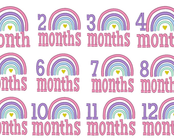 Newborn Baby Rainbow birthday numbers 12 months machine embroidery designs set of 12 sizes 4, 5 and 6 inches, onesie bib outfit embroidery