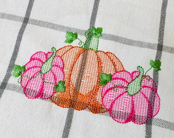 Fall Thanksgiving Pumpkin Trio three pumpkins in a row farm kitchen dish towel apron pillow design light stitch machine embroidery designs