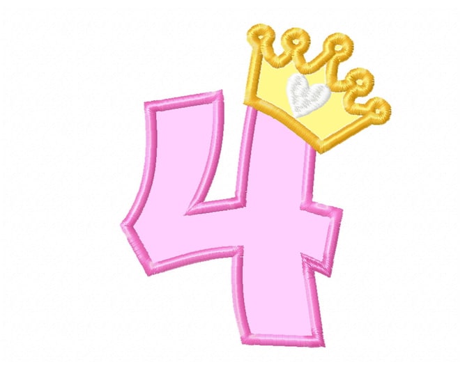 Princess crown Birthday Number 4 FOUR Tshirt kids party outfit Applique machine embroidery designs 4 months years little girl baby onesie
