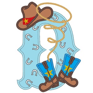Botas y sombrero de vaquero, rodeo, granjero, lazo, aplique de letra con motivo de pañuelo, letra D, diseño de aplique bordado a máquina 5x7