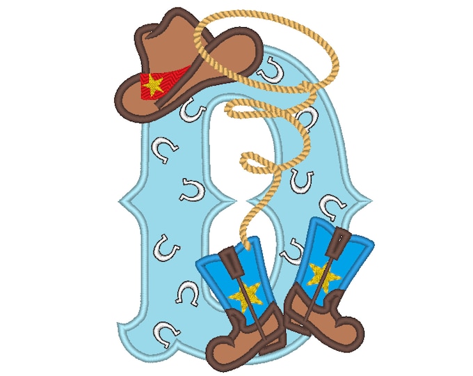Farm farmer Cowboy rodeo lasso boots and hat applique letter with bandanna motif, letter D, machine embroidery applique design 5x7