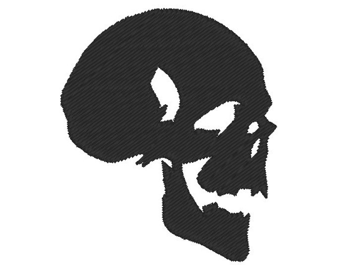 Destroyed skull silhouette machine embroidery designs in assorted sizes from 1.3 up to 4 inch fill stitch Halloween skull skeleton one color