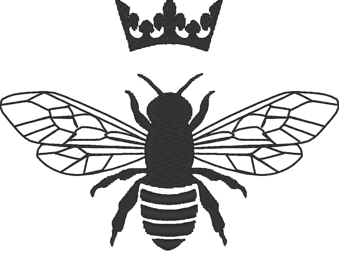 Queen Bee fill stitch machine embroidery designs in sizes 2, 3, 4, 5 inches Princess Queen Bee with crown, awesome honey bee embroidery