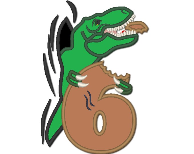 T-rex Birthday number 6, bitten number six rex dinosaur coming out from hole, boy kids machine embroidery applique designs assorted sizes