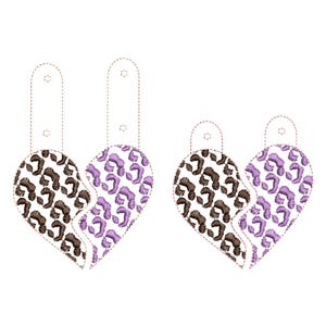 Leopard print Split Heart Eyelet and Key Fob Snap Tab keychain in the hoop machine embroidery designs ITH Valentines Instant Download By Fonts Heaven Embroidery Format PES HUS DST JEF EXP VP3 XXX EXP