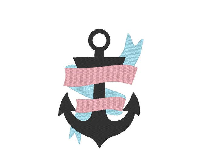 Anchor ribbon banner nautical towel emblem, beach towel marine monogram summer fill stitch machine embroidery designs in assorted sizes