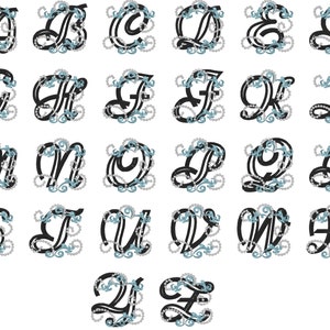 Frozen alphabet letters swirly ice princess monogram FONT whole alphabet girl curl initials A-Z machine embroidery appliqué designs 4x4, 5x7