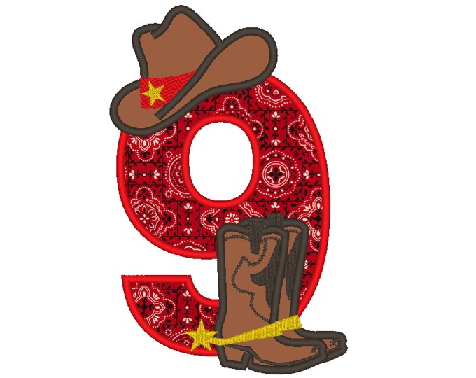 Farm farmer Cowboy rodeo cowboy boots and hat applique number 9 NINE machine embroidery applique designs 5x7 5, 6 and 7 inches