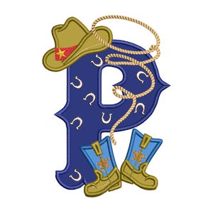Botas y sombrero de vaquero, granjero, rodeo, lazo, apliques, letra P, con motivo de herradura, diseños de bordado a máquina, 5x7