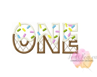 ONE Ice Cream Cone Numero di compleanno uno 1 applique disegni da ricamo a macchina in varie dimensioni, parola numero uno bambino prima festa di compleanno