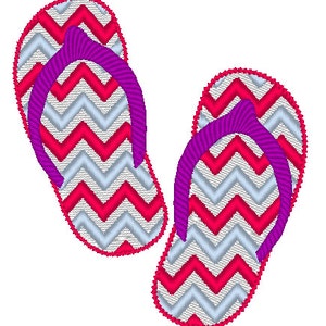 May include: A pair of pink and white chevron patterned flip flops with purple straps.