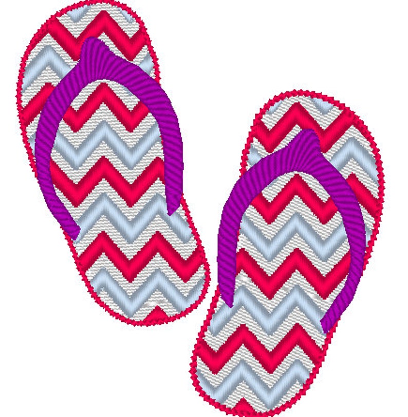 May include: A pair of pink and white chevron patterned flip flops with purple straps.