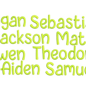 May include: A list of eight boys' names written in a bright yellow-green color. The names are Logan, Sebastian, Jackson, Mateo, Owen, Theodore, Aiden, and Samuel.