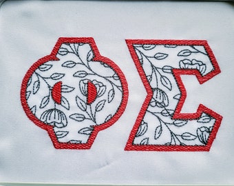 Diseños de bordado a máquina con monograma floral en FUENTE GRIEGA, puntada ligera, 2 colores, letras del alfabeto griego ABC, theta, alfa, omega, kappa