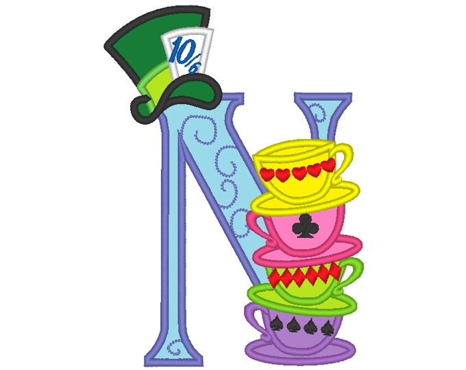 Mad hattaer Alice in wonderland teaparty stack of curved teacups monogram letter N Birthday party applique alphabet machine embroidery