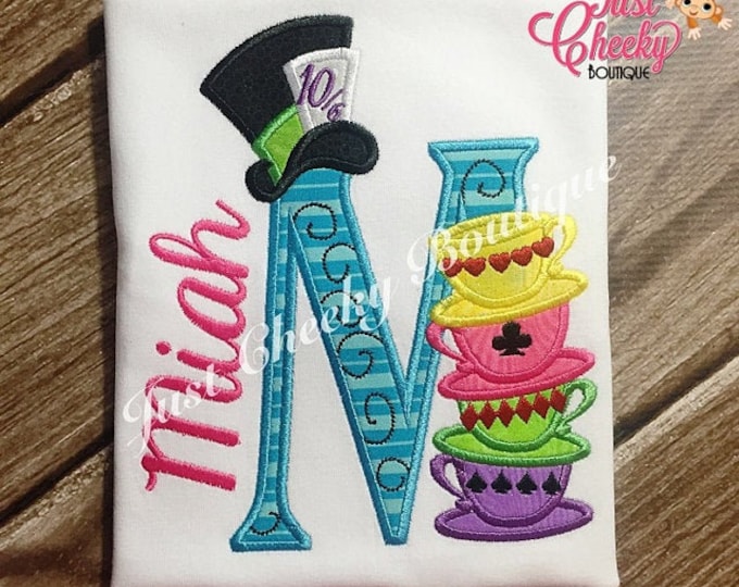 Mad Hatter Alice in Wonderland tea party stack of teacups monogram letter M Birthday party applique alphabet machine embroidery designs