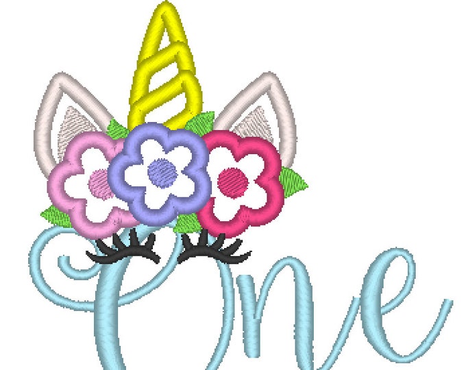 Rainbow Unicorn with flowers floral crown and written one Birthday number one, number 1 machine embroidery many sizes Rainbow unicorn head