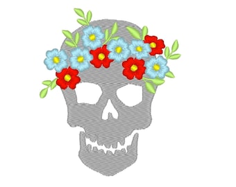 Skull with flowers fill stitch machine embroidery designs, many mini sizes and embroidery formats, floral crown skull head Halloween theme