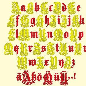 May include: A complete alphabet in a gothic font with yellow and red letters. The letters are stylized with flourishes and swirls.