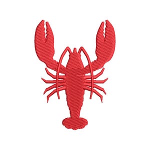 May include: Red embroidered lobster silhouette with two large claws and a tail.