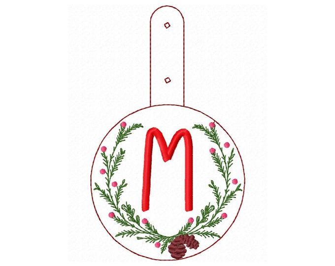Keychain simple primitive 3.5" circle key fob snap tab Christmas Wreath & monogram font alphabet A-Z machine embroidery designs ITH project