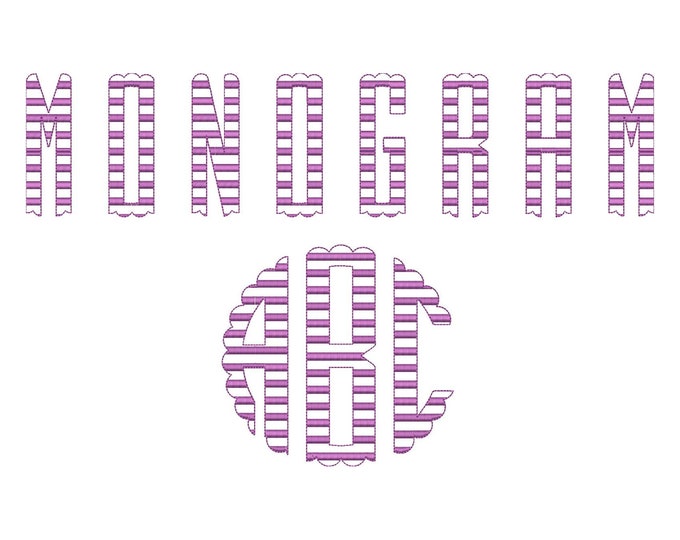 Scalloped Circle Monogram Striped FONT machine embroidery designs, classic three letter round monogram letters in many sizes, BX included