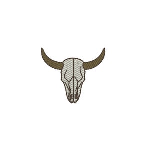 May include: A white bull skull with brown horns. The skull is a simple line drawing with a textured pattern.