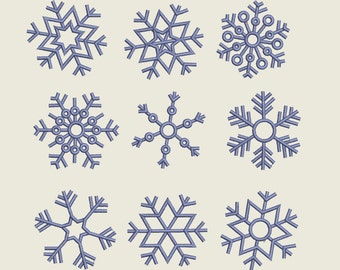 Grand lot de 9 types de flocons de neige dans des tailles assorties, beaux motifs de broderie machine Noël hiver au point de satin BX inclus