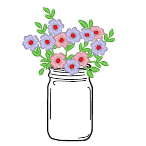 Mason jar with flowers, floral mason jar silhouette machine embroidery designs assorted sizes, simply summer flower bouquet girly girl