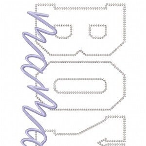 May include: A digital embroidery design of the word "BOY" in a stylised font. The design is shown in four different colours: soft blush, pink crystal, silver, and lavender. The design is 184.1 mm by 293.1 mm and has 17,188 stitches.