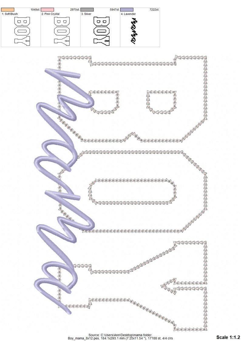 May include: A digital embroidery design of the word "BOY" in a stylised font. The design is shown in four different colours: soft blush, pink crystal, silver, and lavender. The design is 184.1 mm by 293.1 mm and has 17,188 stitches.