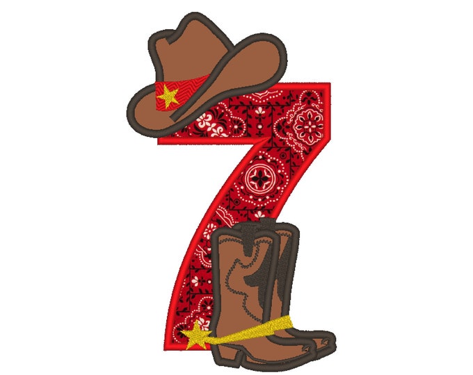 Farm farmer Cowboy rodeo cowboy boots and hat applique number 7 SEVENmachine embroidery applique designs 5x7 5, 6 and 7 inches