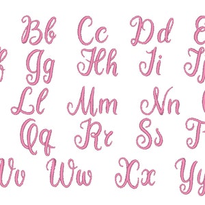 Può includere: Lettere dell'alfabeto in corsivo rosa dalla A alla Z. Ogni lettera è mostrata due volte.
