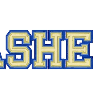May include: The name "ASHER" is spelled out in large, bold, blue letters with a yellow outline. The letters have a varsity-style font.