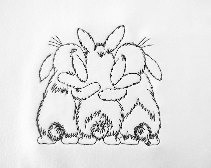 Cute Bunny Trio three Bunnies in a row adorable Easter Bunny silhouette outline kids baby machine embroidery designs sizes 4 up to 8 inch