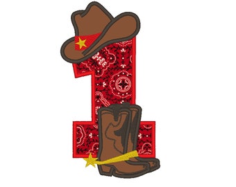 Farm farmer Cowboy rodeo cowboy boots and hat applique number 1 ONE machine embroidery applique designs for hoop 5x7, sizes 5, 6, 7 inches