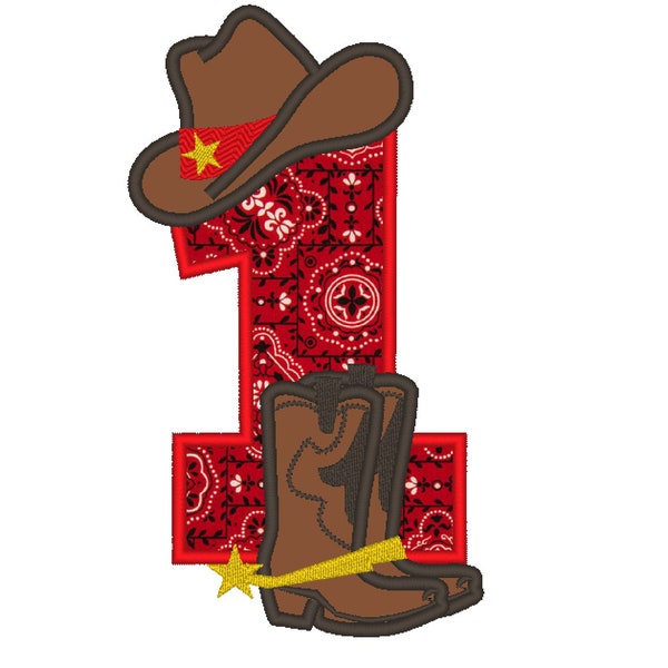 Farm farmer Cowboy rodeo cowboy boots and hat applique number 1 ONE machine embroidery applique designs for hoop 5x7, sizes 5, 6, 7 inches