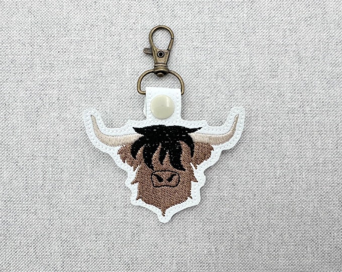 Highland Cow Bull fill stitch Eyelet and Key Fob Snap Tab keychain in the hoop machine embroidery designs ITH farm Cowboy boys key bag tag