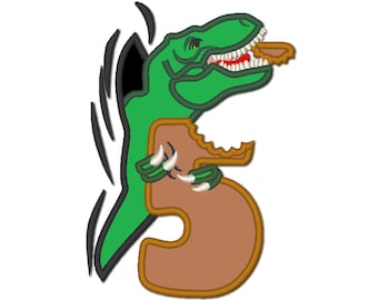 May include: A green dinosaur with sharp teeth is biting into a brown number five. The dinosaur is peeking out from behind a black and white swirl.