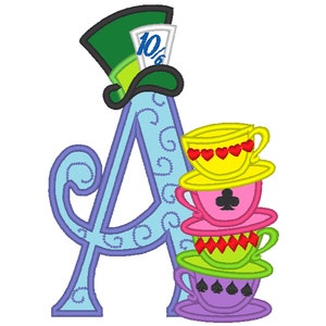 May include: A blue letter A with a green hat with a 10 of diamonds card on top. There are four stacked teacups with different coloured saucers and card suit symbols.